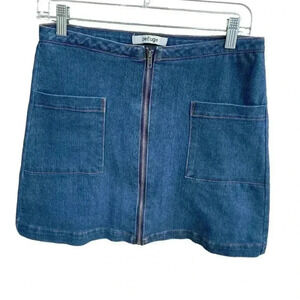 Refuge women’s denim mini zip-up skirt sz M stretchy gently used real pockets